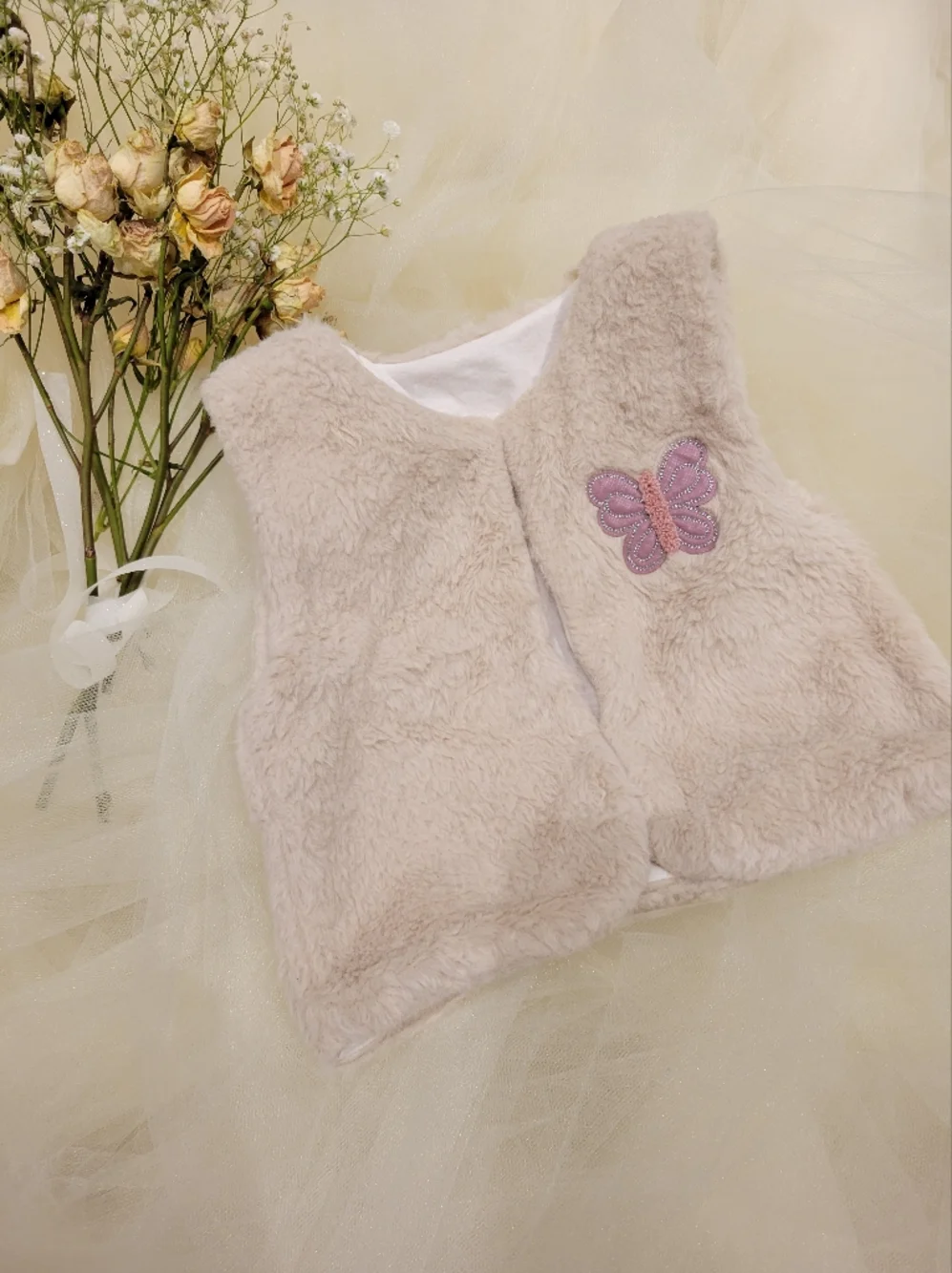 Girls Plush Cream Butterfly Embroidered Vest
